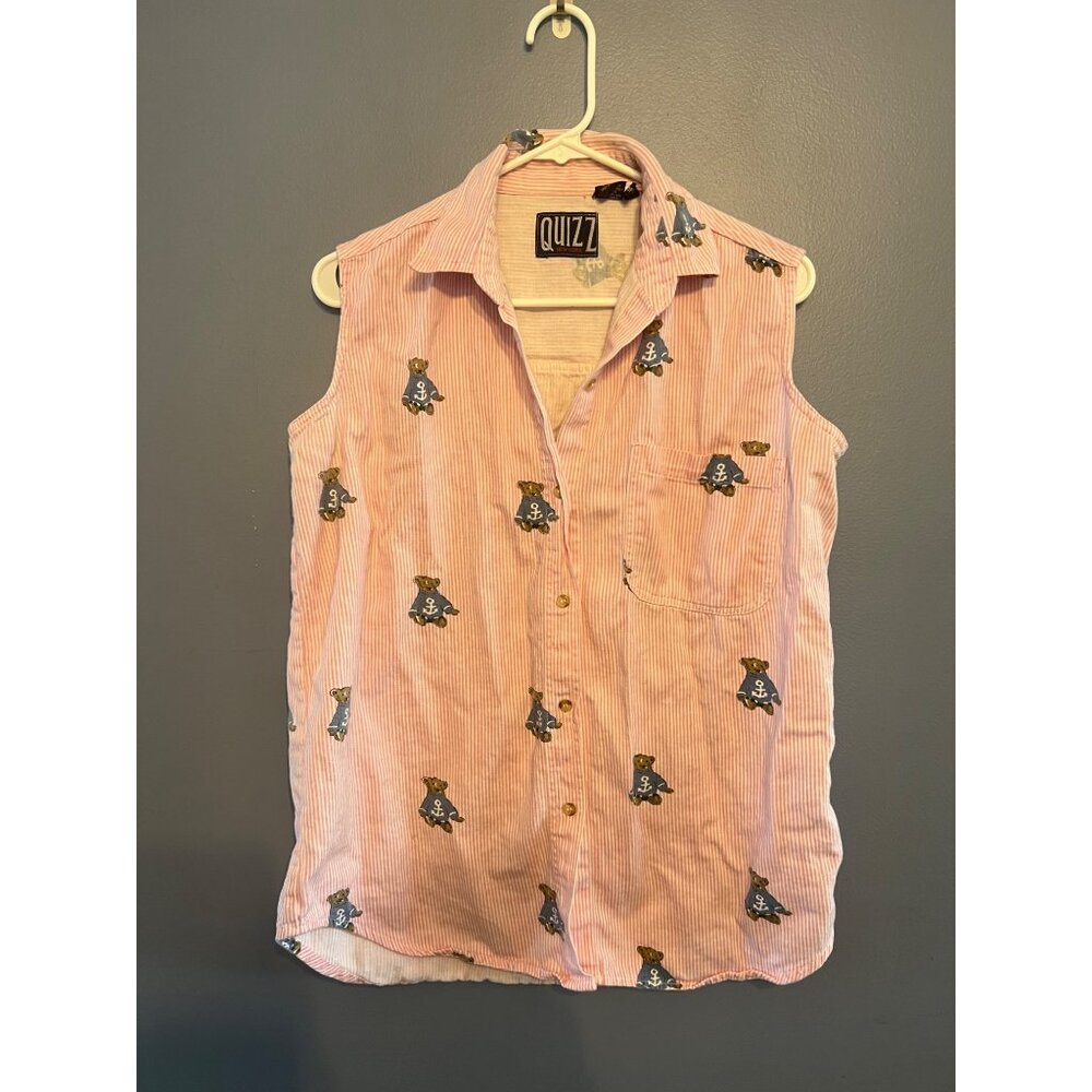 Vintage Quizz New York Pink Striped Nautical Teddy Bear Tank Top Button Up Sz M
